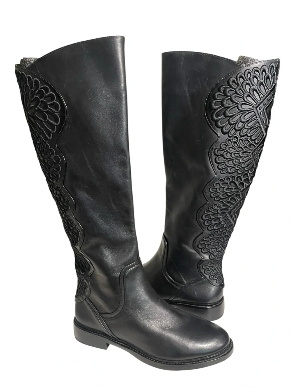 Gianni Bini Embroidered Back Black Leather Full Zip Knee High Riding Boots 6M
